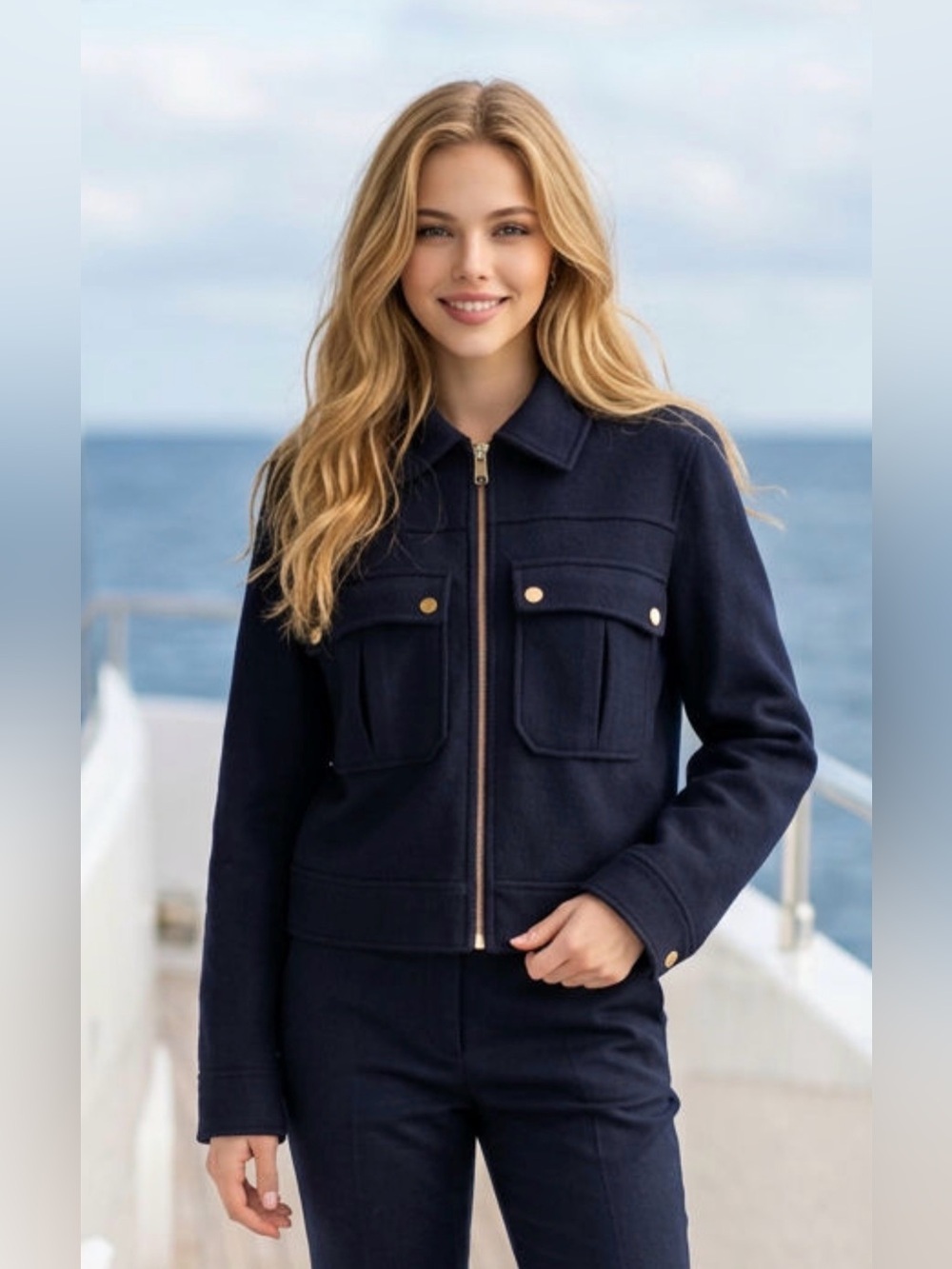 Zara Navy Zip-Front Utility Jacket with Pocket Flaps